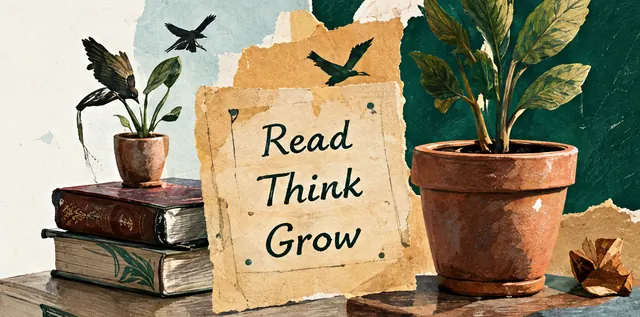 کتاب‌ها و گلدان در کلاژی کاغذی با عبارت Read Think Grow