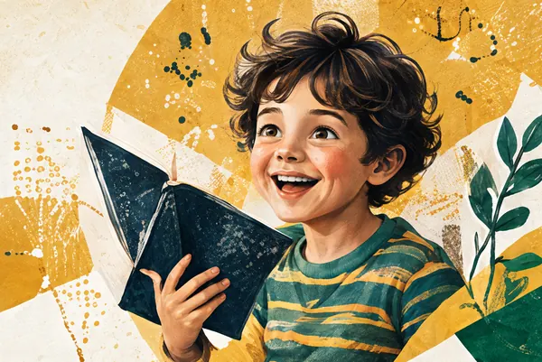 کودکی خندان با کتابی در دست، در کلاژی کاغذی
