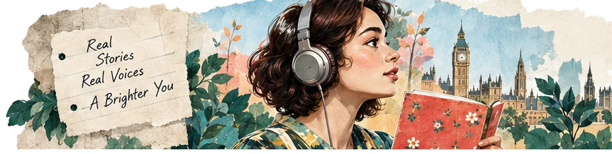 کلاژی از دختری با هدفون و کتاب، با برج ساعت لندن و یادداشت Real Stories, Real Voices