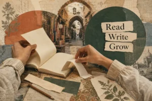 در گذرگاهی قدیمی، دست‌ها کنار کتابی باز، کاغذی را به شکل پل تا می‌زنند تا تفاوت خواندن و ساختن متن را نشان دهند.